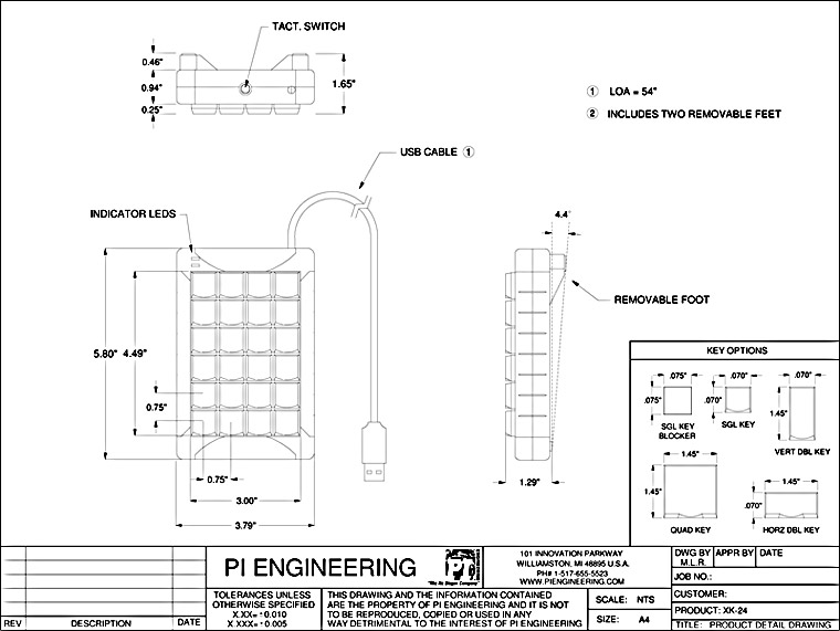 X-keys XK-24 Dimensioned Drawing